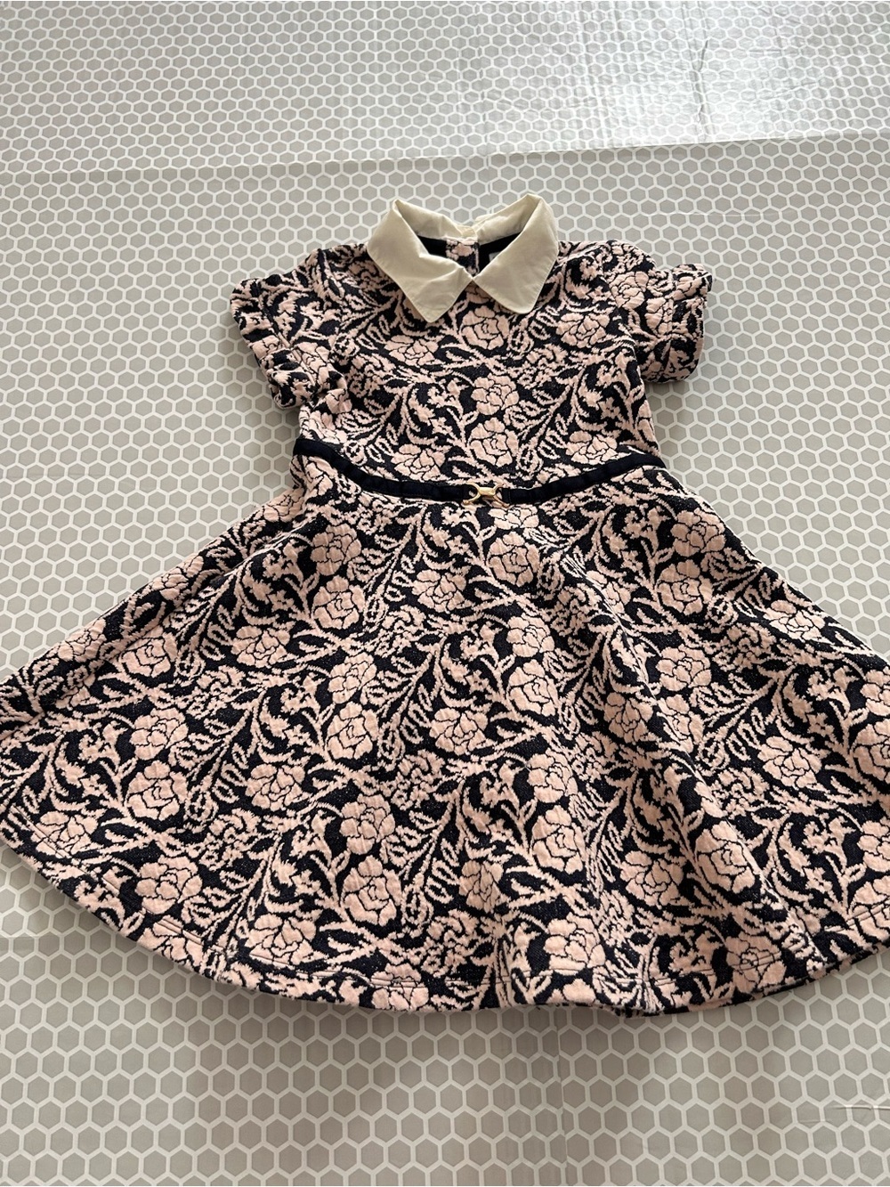 Girls Navy & Blush Pink Floral Jacquard Dress with White Collar Quilted. Size 5